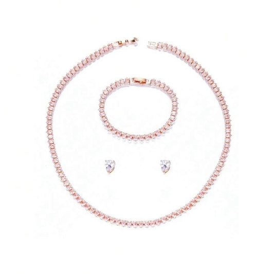 Set colier, cercei si bratara, tennis, rose-gold, cu pietre din zirconiu, Nicha C1 - Pursehuit.ro