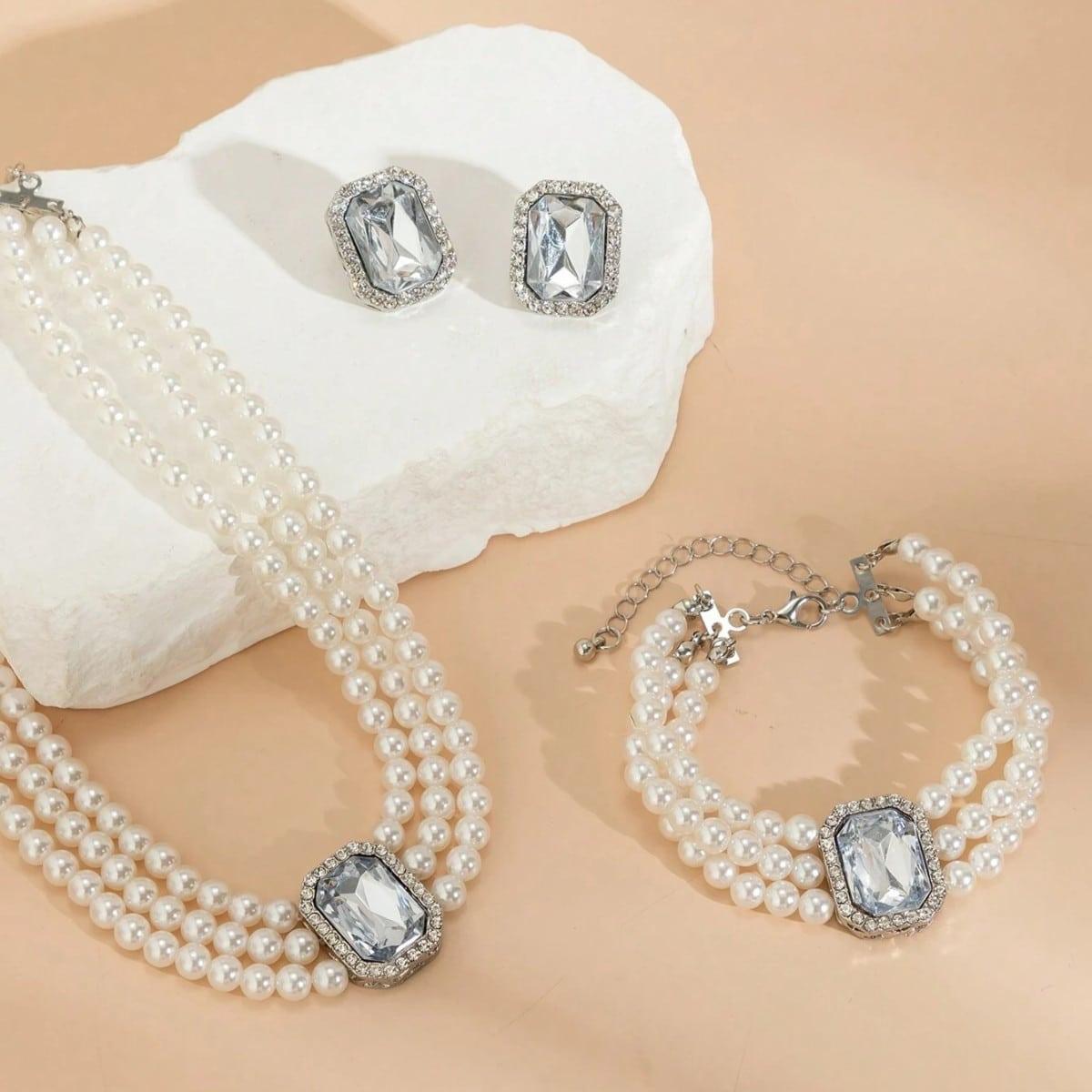 Set colier choker, cercei si bratara, argintiu, cu perle si pietre, Ruddy C4 - Pursehuit.ro