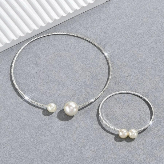 Set colier choker si bratara, argintiu, cu perle si pietre, Nicholas C8 - Pursehuit.ro