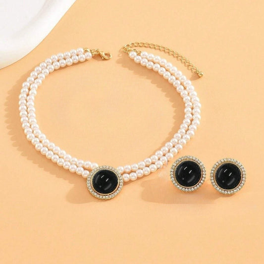 Set colier choker si cercei, auriu, cu perle si pietre, Orville C5 - Pursehuit.ro