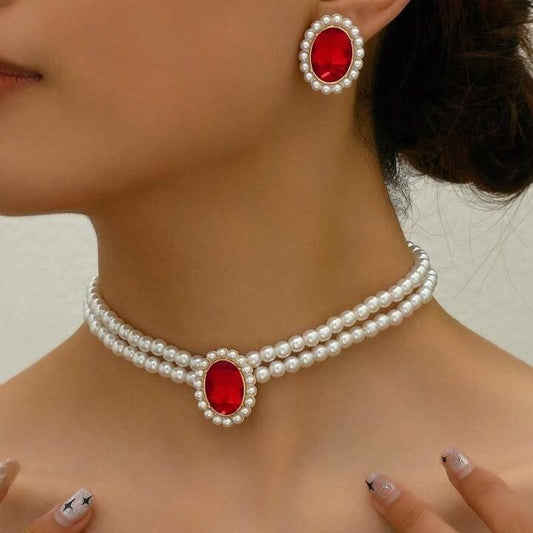 Set colier choker si cercei, auriu, cu perle si pietre rosii, Osa C5 - Pursehuit.ro