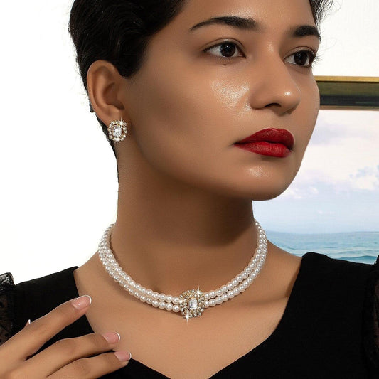 Set colier si cercei, auriu, cu perle si pietre, Olja C3 - Pursehuit.ro