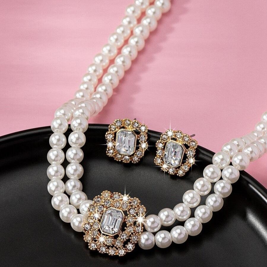 Set colier si cercei, auriu, cu perle si pietre, Olja C3 - Pursehuit.ro