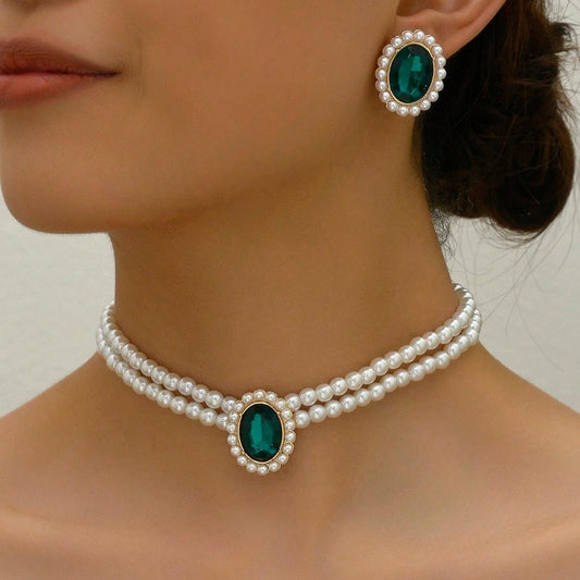 Set colier si cercei, auriu, cu perle si pietre verzi, Otta C4 - Pursehuit.ro