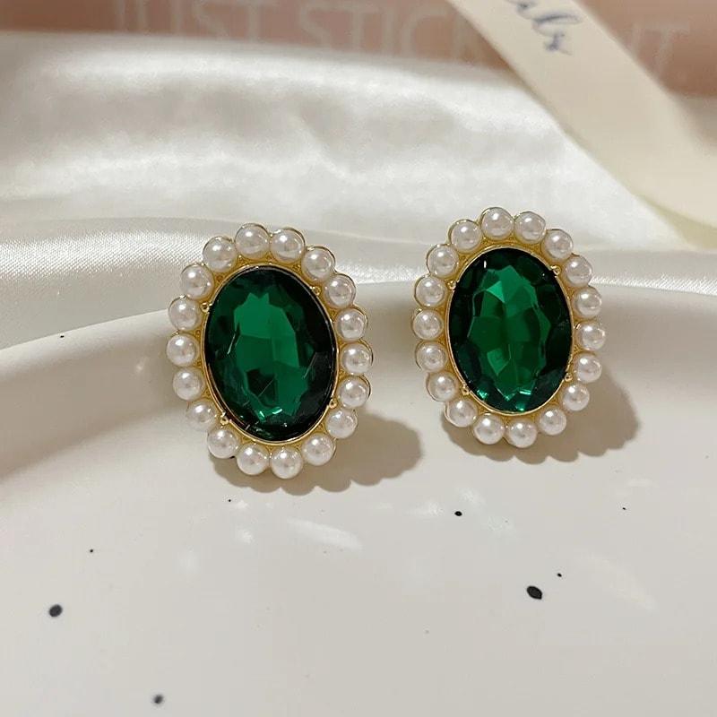 Set colier si cercei, auriu, cu perle si pietre verzi, Otta C4 - Pursehuit.ro