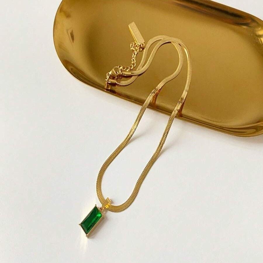 Set colier si cercei, auriu, cu pietre verzi, din otel inoxidabil, suflat cu aur 18k, Nick C1 - Pursehuit.ro