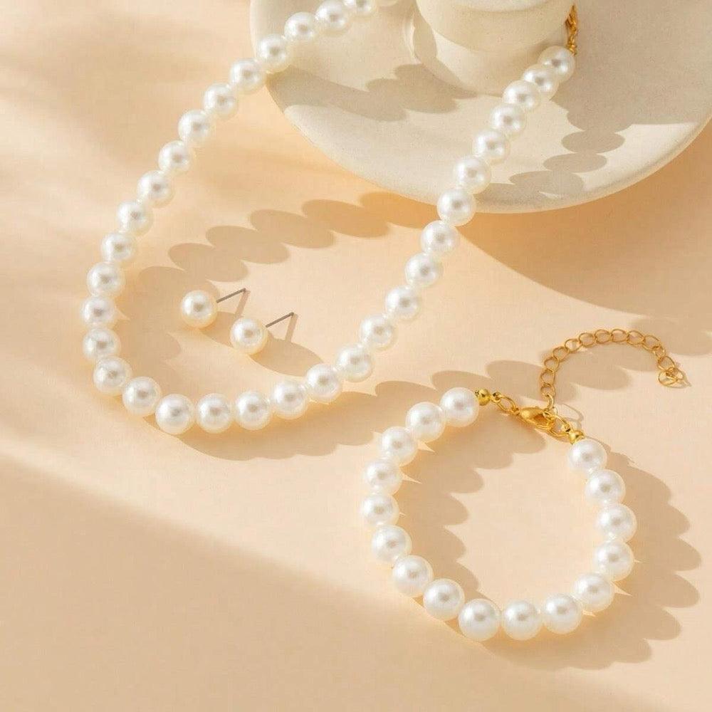 Set colier, bratara si cercei, auriu, cu perle, Aleksi C16 - Pursehuit.ro