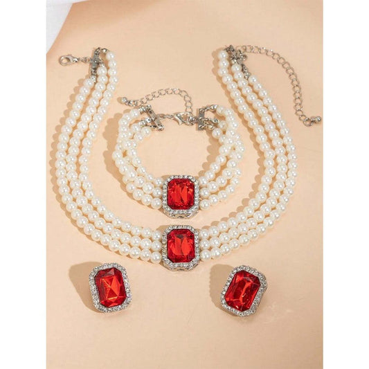 Set colier, cercei, bratara si inel, argintiu, cu perle si pietre rosii, Kaino C19 - Pursehuit.ro