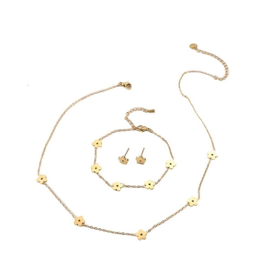 Set colier, cercei si bratara, auriu, din otel inoxidabil, suflat cu aur 18k, cu floricele, Helina C3
