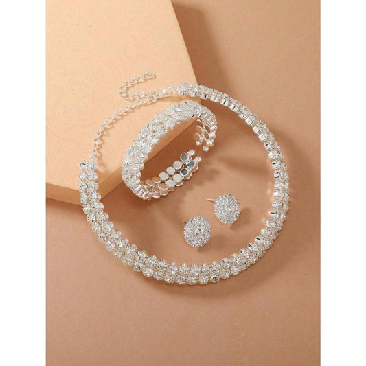 Set colier choker, bratara si cercei, argintiu, cu pietre, Jasmin C18 - Pursehuit.ro