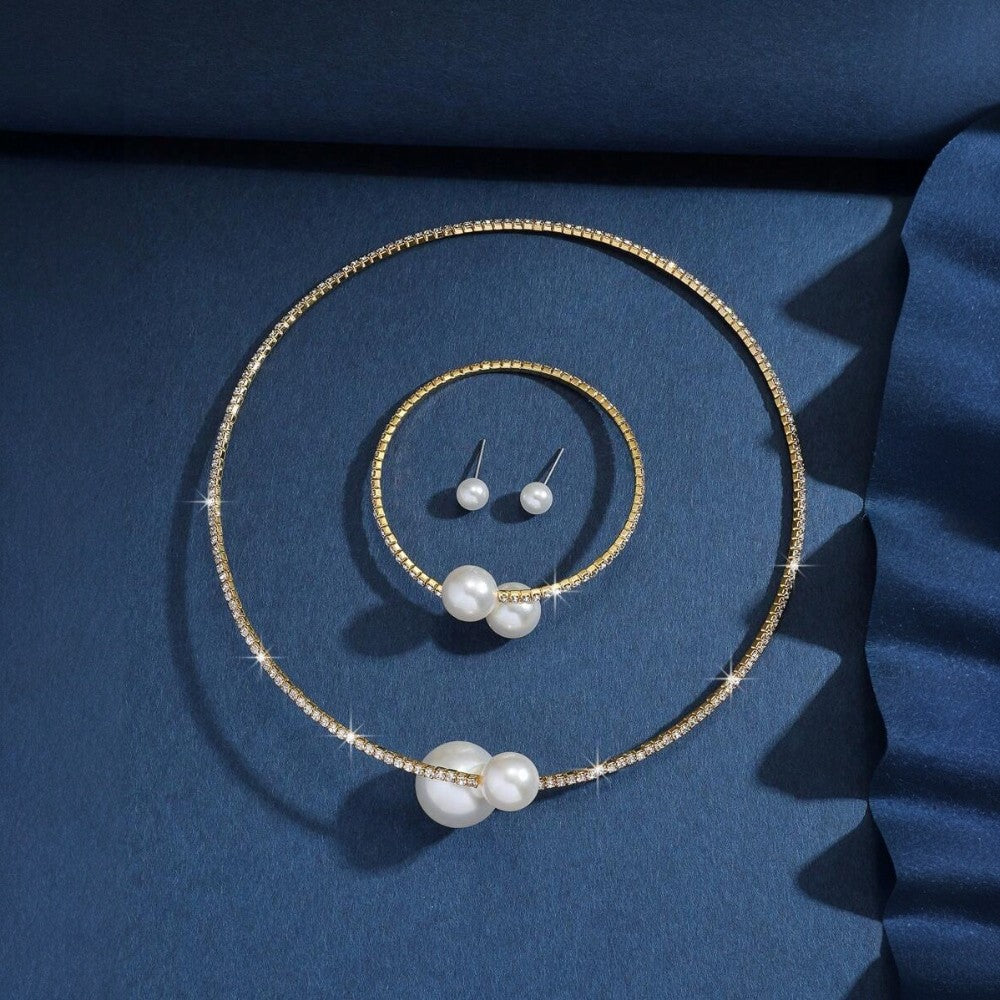 Set colier choker, bratara si cercei, auriu, cu perle si pietre, David C15