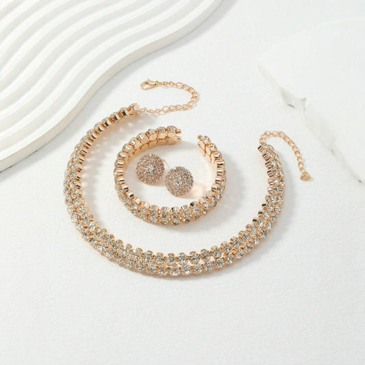 Set colier choker, bratara si cercei, auriu, cu pietre, Davia C23