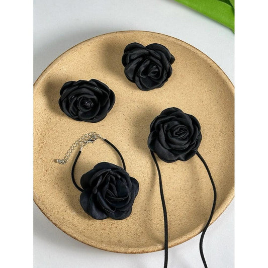 Set colier choker, bratara si cercei, negru, cu flori, Jouko C19 - Pursehuit.ro