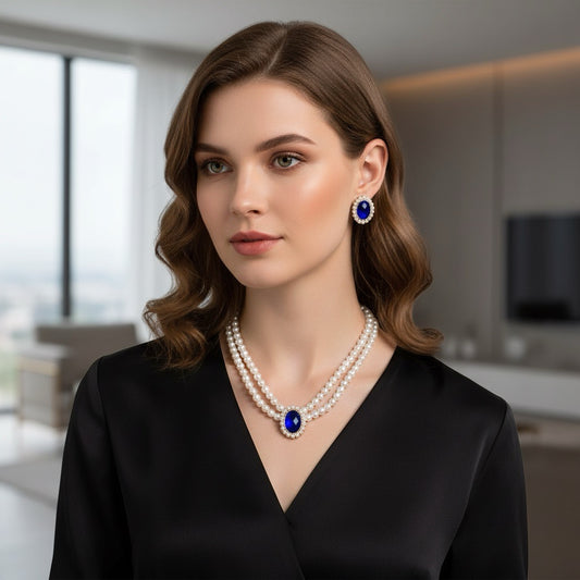 Set colier choker si cercei, auriu, cu perle si pietre albastre, Osar C5