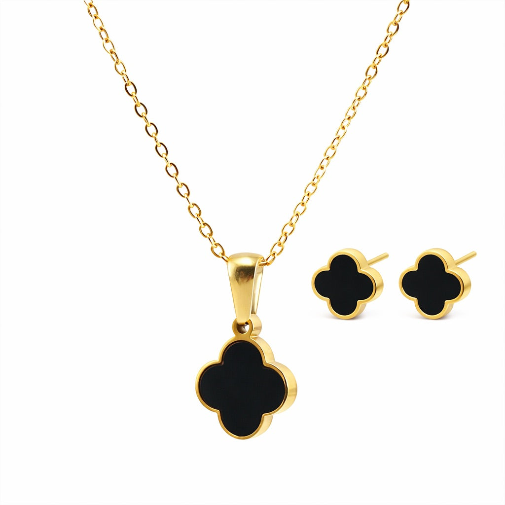 Set colier si cercei auriu, din otel inoxidabil 316L, placat cu aur 18K PVD, cu trifoi, Velina C2