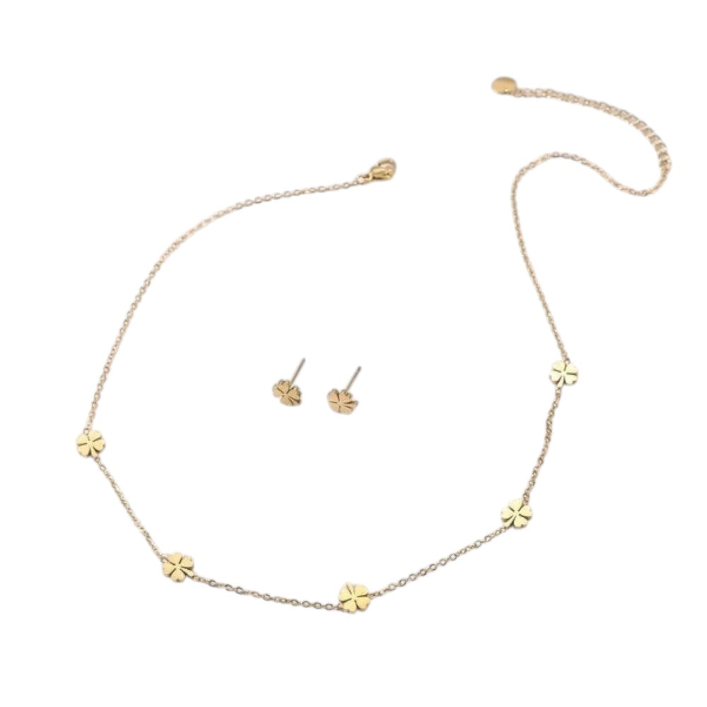 Set colier si cercei, auriu, din otel inoxidabil, suflat cu aur 18k, cu trifoi stilizat, Chloe C2