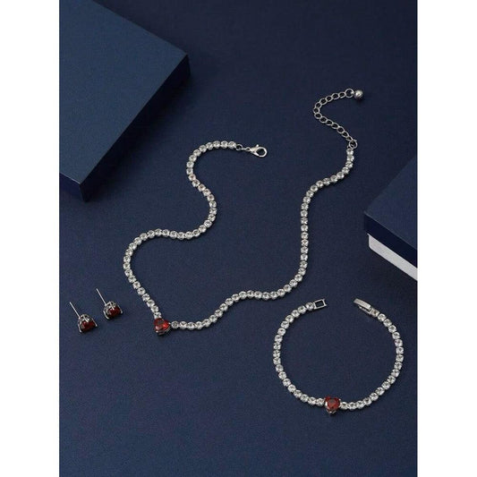 Set colier, tennis, bratara si cercei, argintiu, cu pietre din zirconiu, Aki C16 - Pursehuit.ro