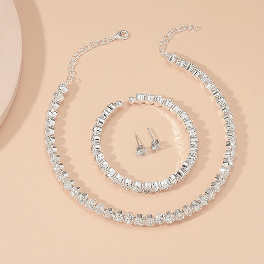 Set colier tennis, bratara si cercei, argintiu, cu pietre, Nicia C8