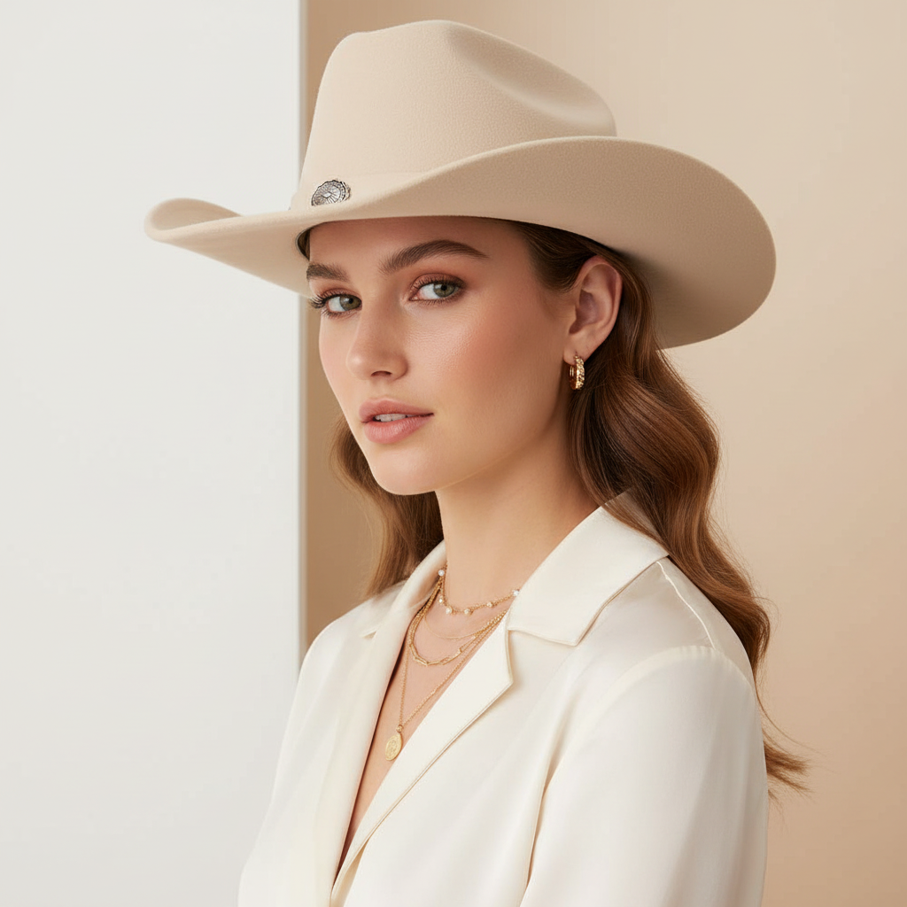 Young European woman wearing beige cowboy-style Miona hat - square format