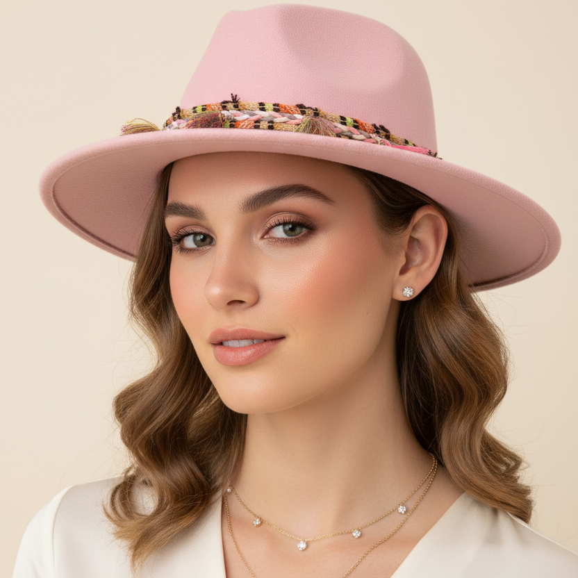 Young European woman wearing pink Lora hat