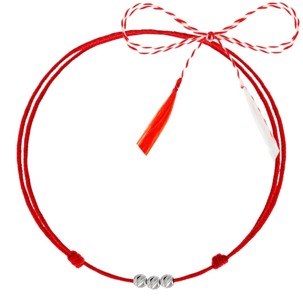 Martisor tip bratara, argintiu, cu 3 bile argint 925 si snur rosu reglabil C1