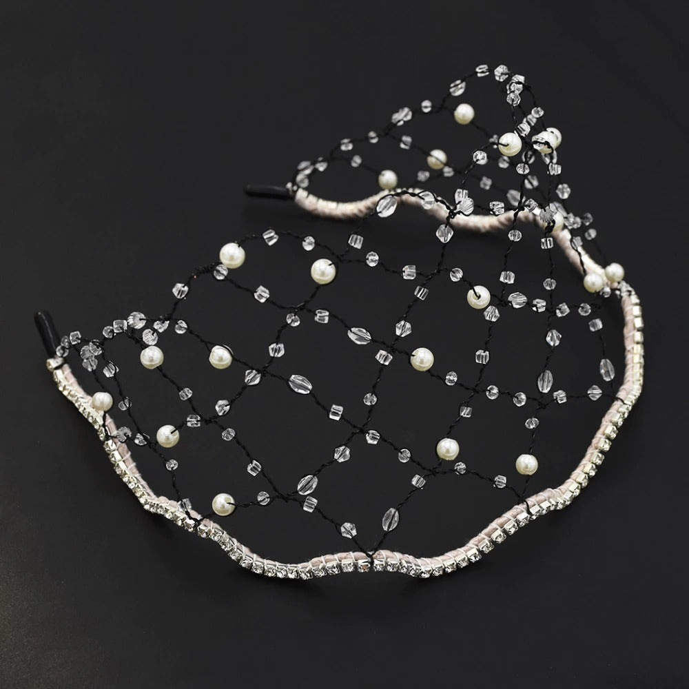 Accesoriu de cap, negru, cu plasa, perle si pietre, Aloys C23