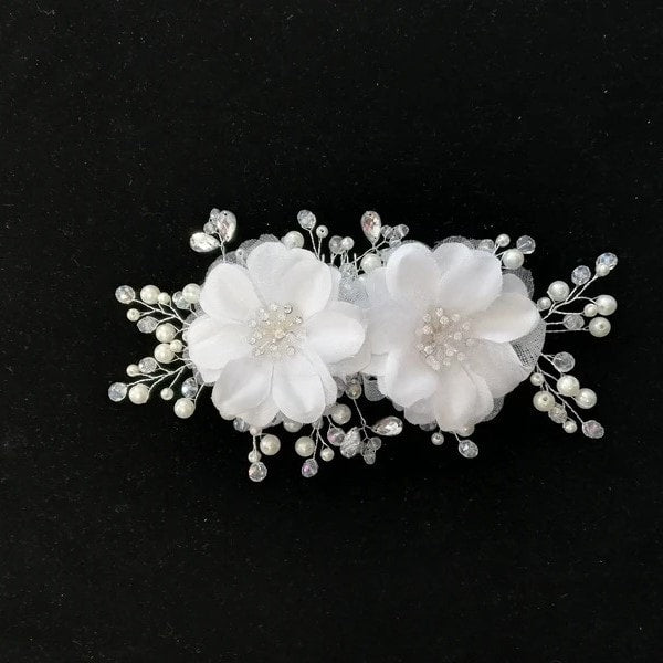 Accesoriu de par, alb, cu flori si perle, Malia C4