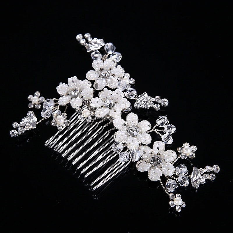 Accesoriu de par, argintiu, cu flori si cristale, Elmina C8