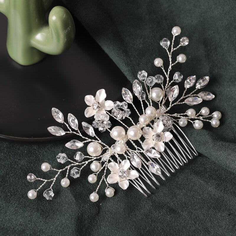 Accesoriu de par, argintiu, cu flori si perle, Faidra C10