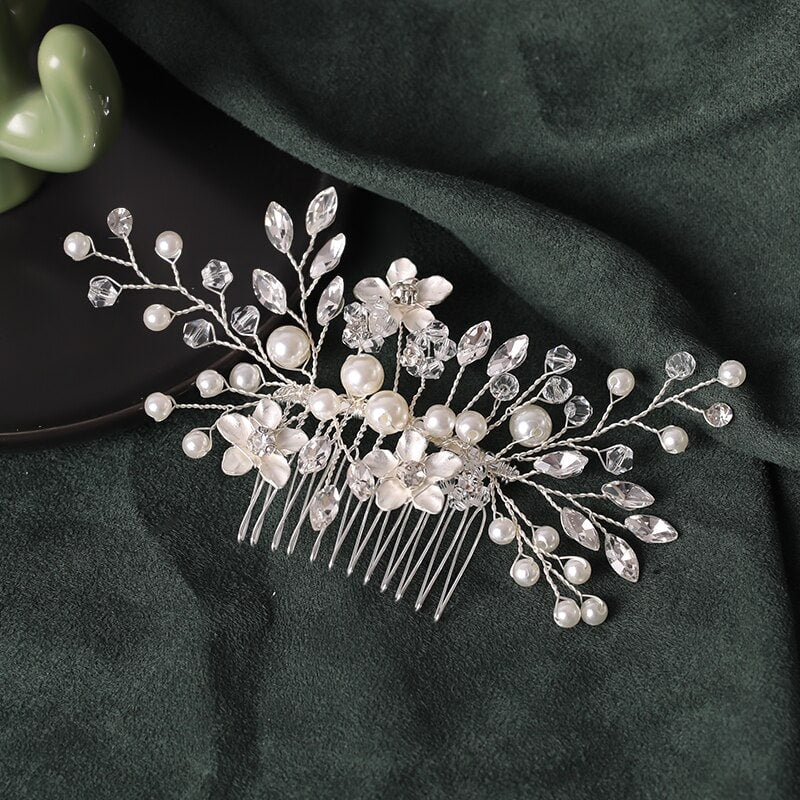 Accesoriu de par, argintiu, cu flori si perle, Faidra C10