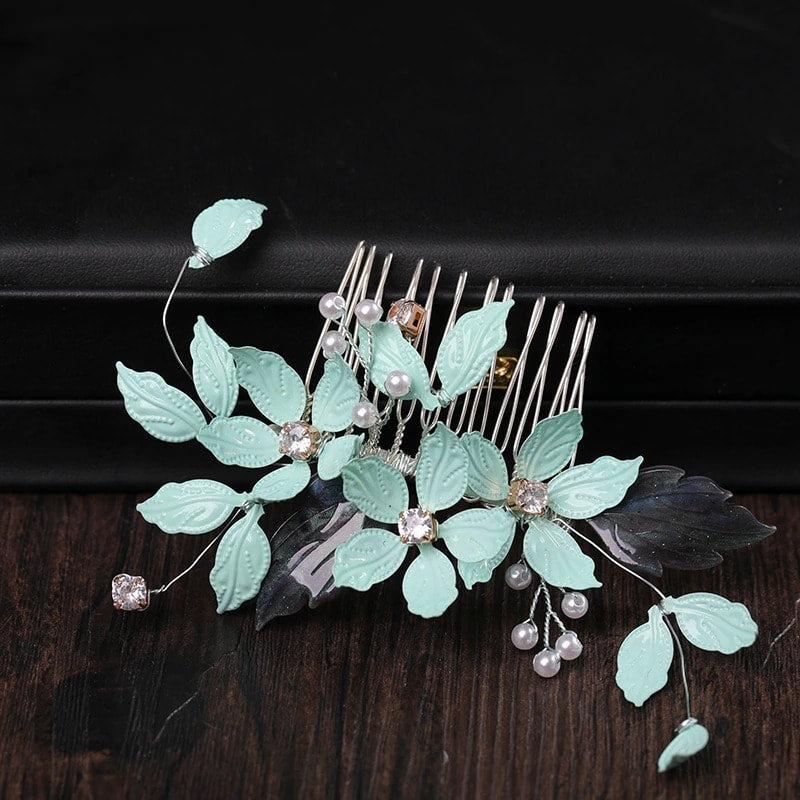 Accesoriu de par, argintiu, cu flori turquoise si pietre, Elon C15