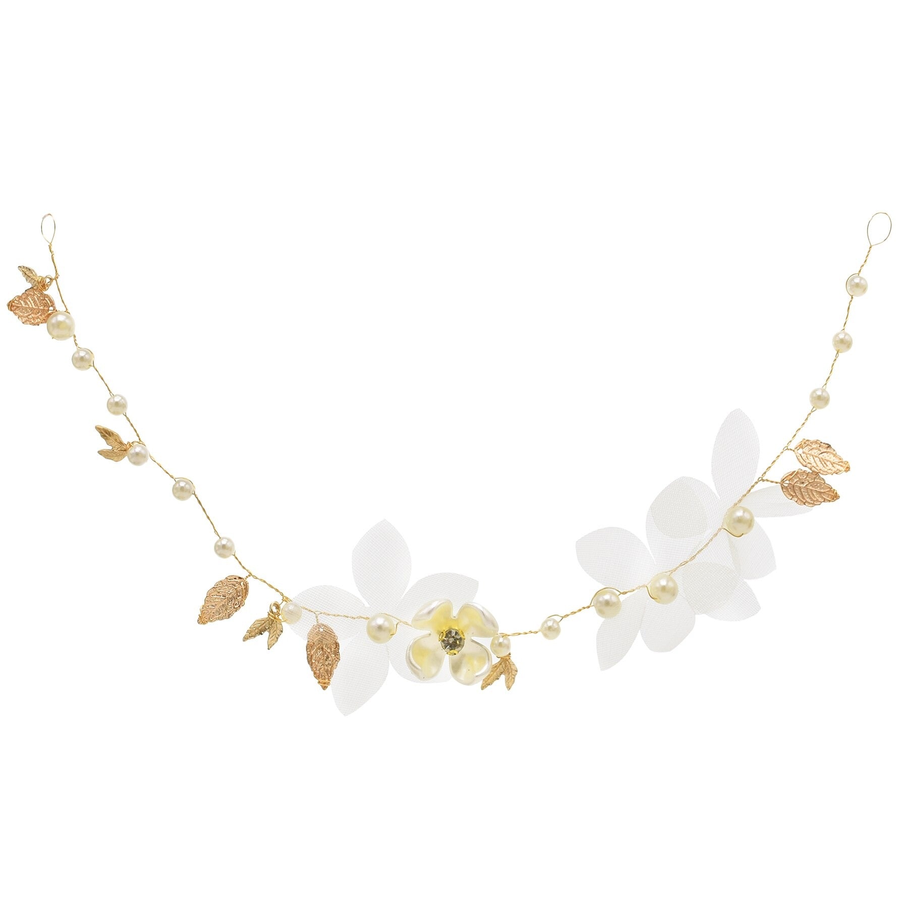 Accesoriu de par, auriu, cu flori albe si perle, Rahab C7