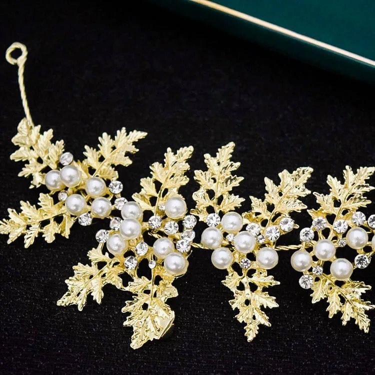 Accesoriu de par, auriu, cu frunzulite, pietre si perle, Malfrid C5 - Pursehuit.ro