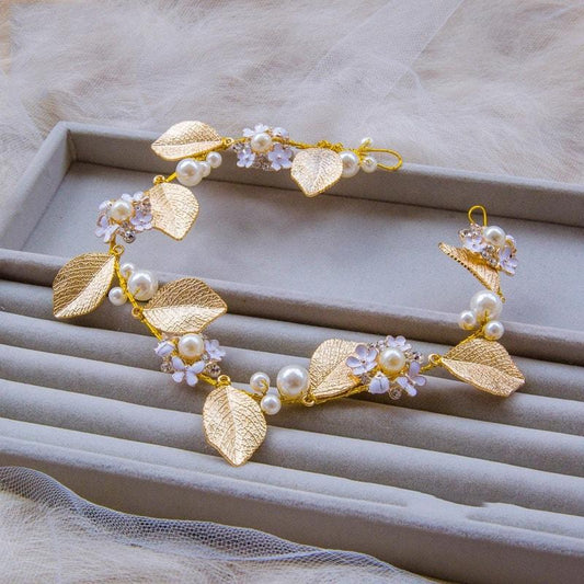 Accesoriu de par, auriu, cu frunzulite si perle, Ingela C5 - Pursehuit.ro