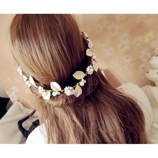 Accesoriu de par, auriu, cu frunzulite si perle, Ingela C5 - Pursehuit.ro