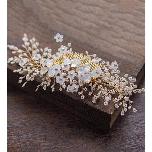 Accesoriu de par, auriu, cu perlute si flori, Maira C7 - Pursehuit.ro