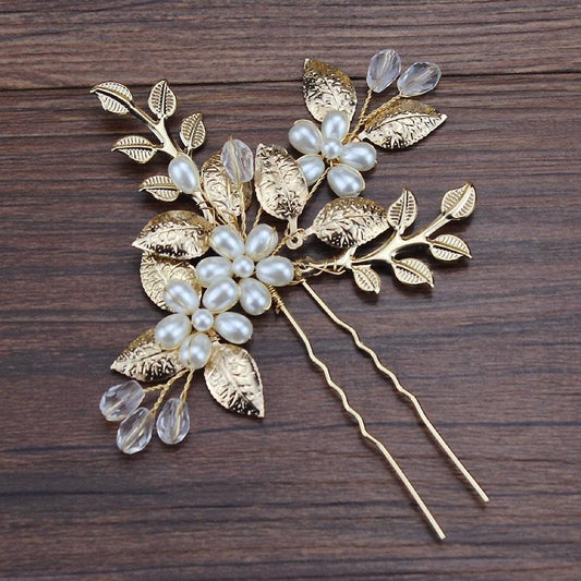 Accesoriu de par, auriu, tip ac, cu frunzulite si perle, Cris C12 - Pursehuit.ro