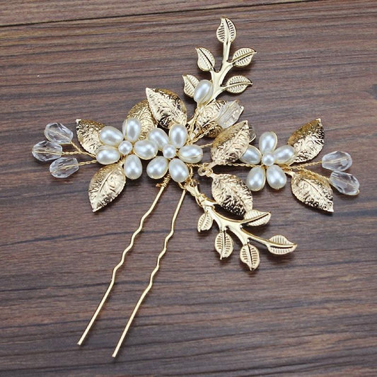 Accesoriu de par, auriu, tip ac, cu frunzulite si perle, Cris C12 - Pursehuit.ro