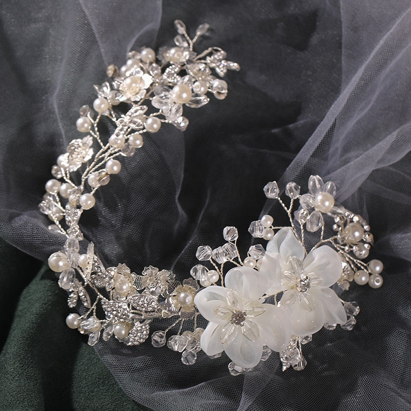 Accesoriu par, argintiu, modelator, cu flori si perle, Atalie C6