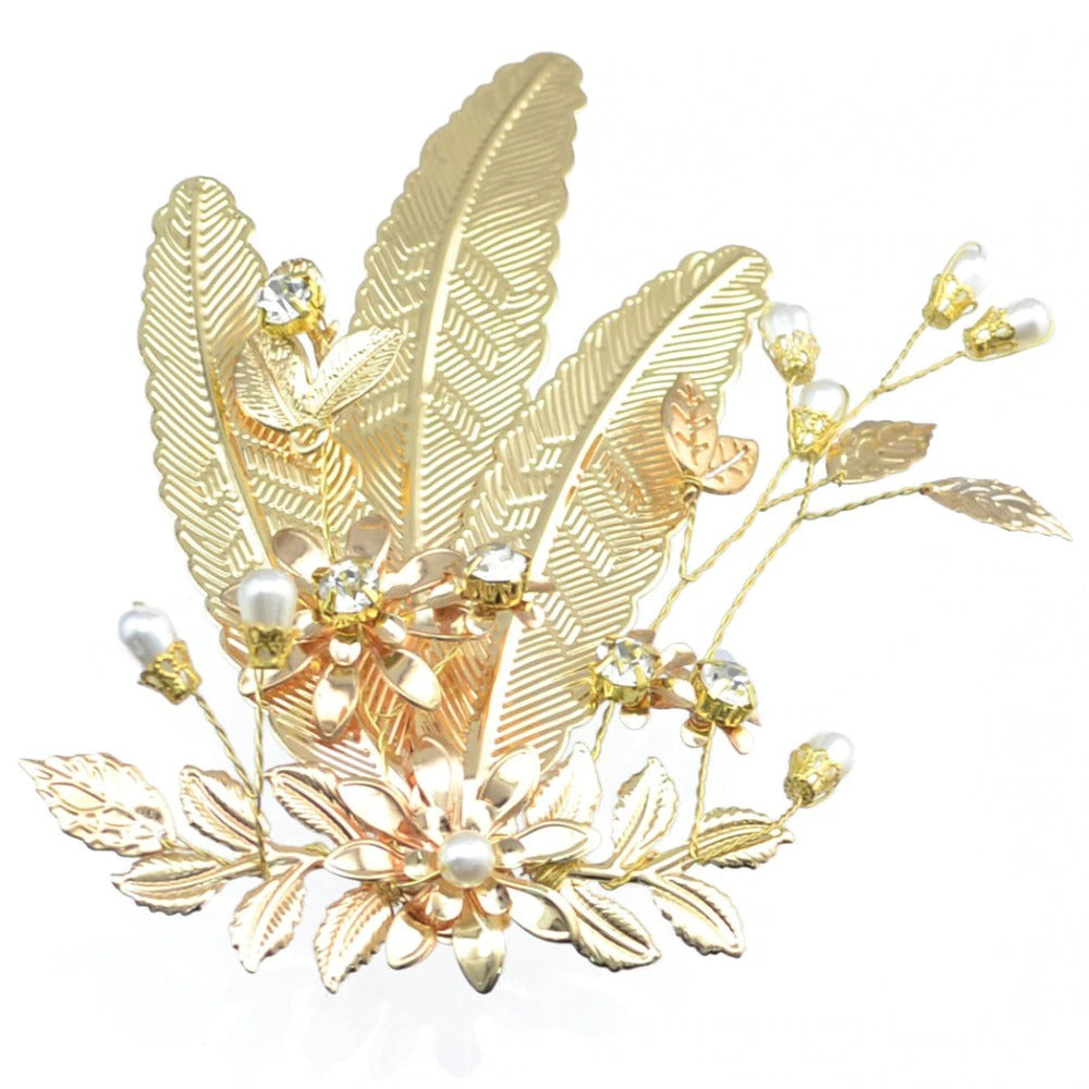 Accesoriu par, auriu, cu frunze si perle, Alvilda C29