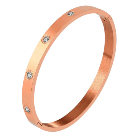 Bratara rose gold, din otel inoxidabil, tip bangle, cu pietre, suflata cu aur 18k, Kamma C1