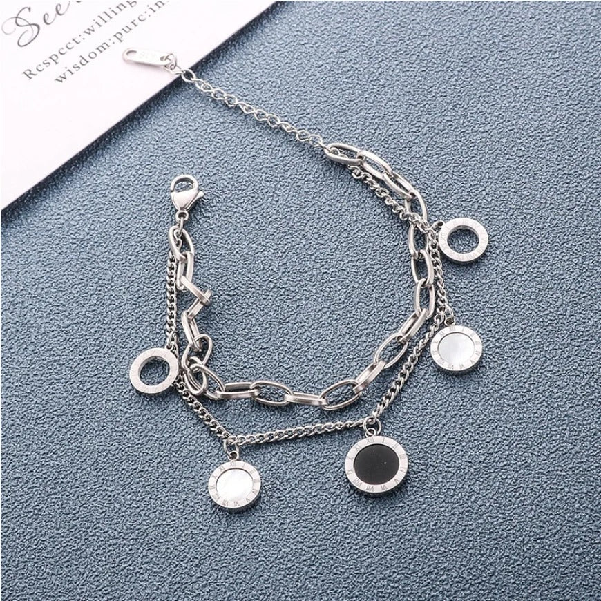 Bratara argintie, din otel inoxidabil, in 2 straturi, cu piese rotunde, suflata cu aur 18k, Demian C2