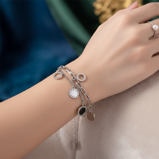 Bratara argintie, din otel inoxidabil, in 2 straturi, cu piese rotunde, suflata cu aur 18k, Demian C2