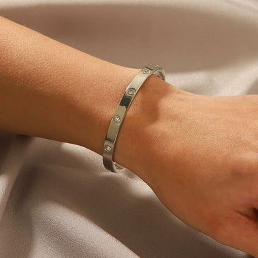 Bratara argintie, din otel inoxidabil, suflata cu aur 18k, tip bangle, cu pietre din zirconiu, Palma C10