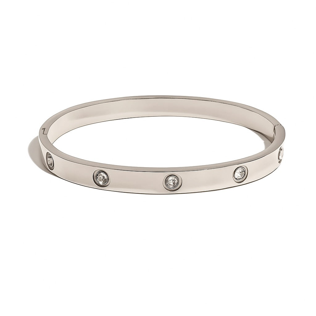 Bratara argintie, din otel inoxidabil, suflata cu aur 18k, tip bangle, cu pietre din zirconiu, Palma C4