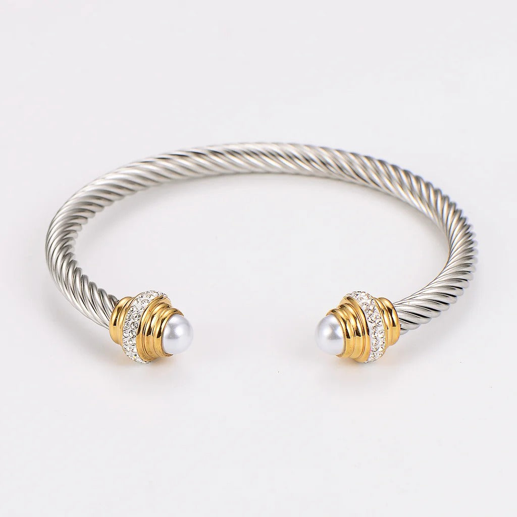 Bratara argintie, din otel inoxidabil, suflata cu aur 18k, tip bangle, cu pietre si perle, Petsy C4