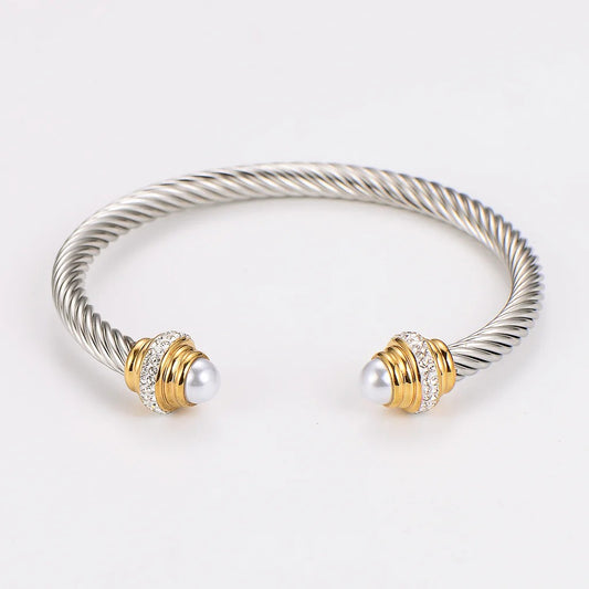 Bratara argintie, din otel inoxidabil, suflata cu aur 18k, tip bangle, cu pietre si perle, Petsy C4