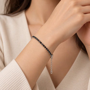 Bratara argintie, tennis, din otel inoxidabil 316L, placata cu aur 18K PVD, cu pietre negre din zirconiu, Agatha C9