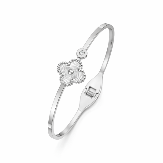 Bratara argintie, tip bangle, din otel inoxidabil, suflata cu aur 18k, cu zirconii si trifoi, Carivelle C1