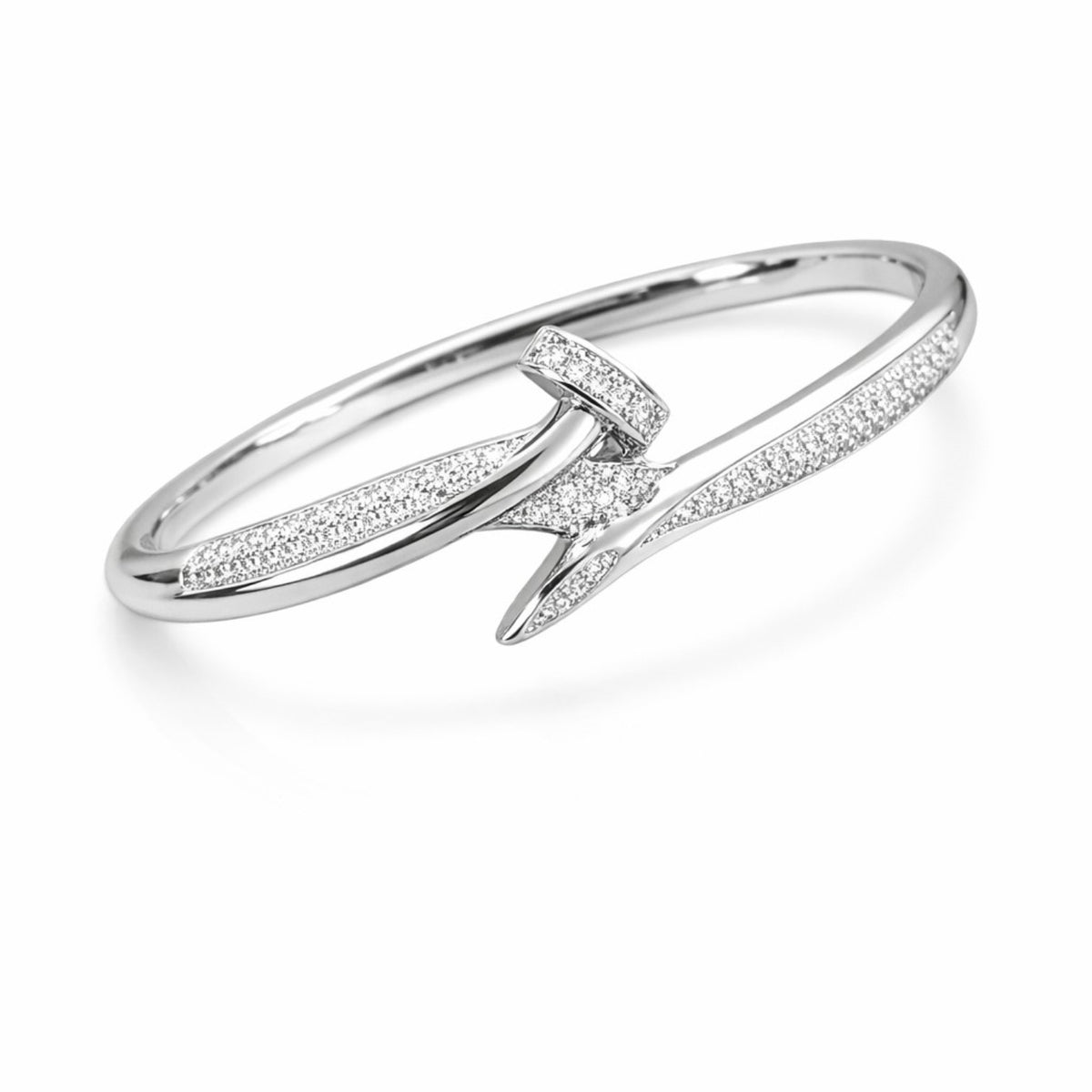 Bratara argintie, tip bangle, din otel inoxidabil 316L, placata cu aur 18K PVD, forma de cui, cu zirconii, Neylira C9